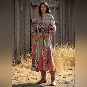 Zahra Sayeed patchwork dress in paisley and floral print pleated neckline M?